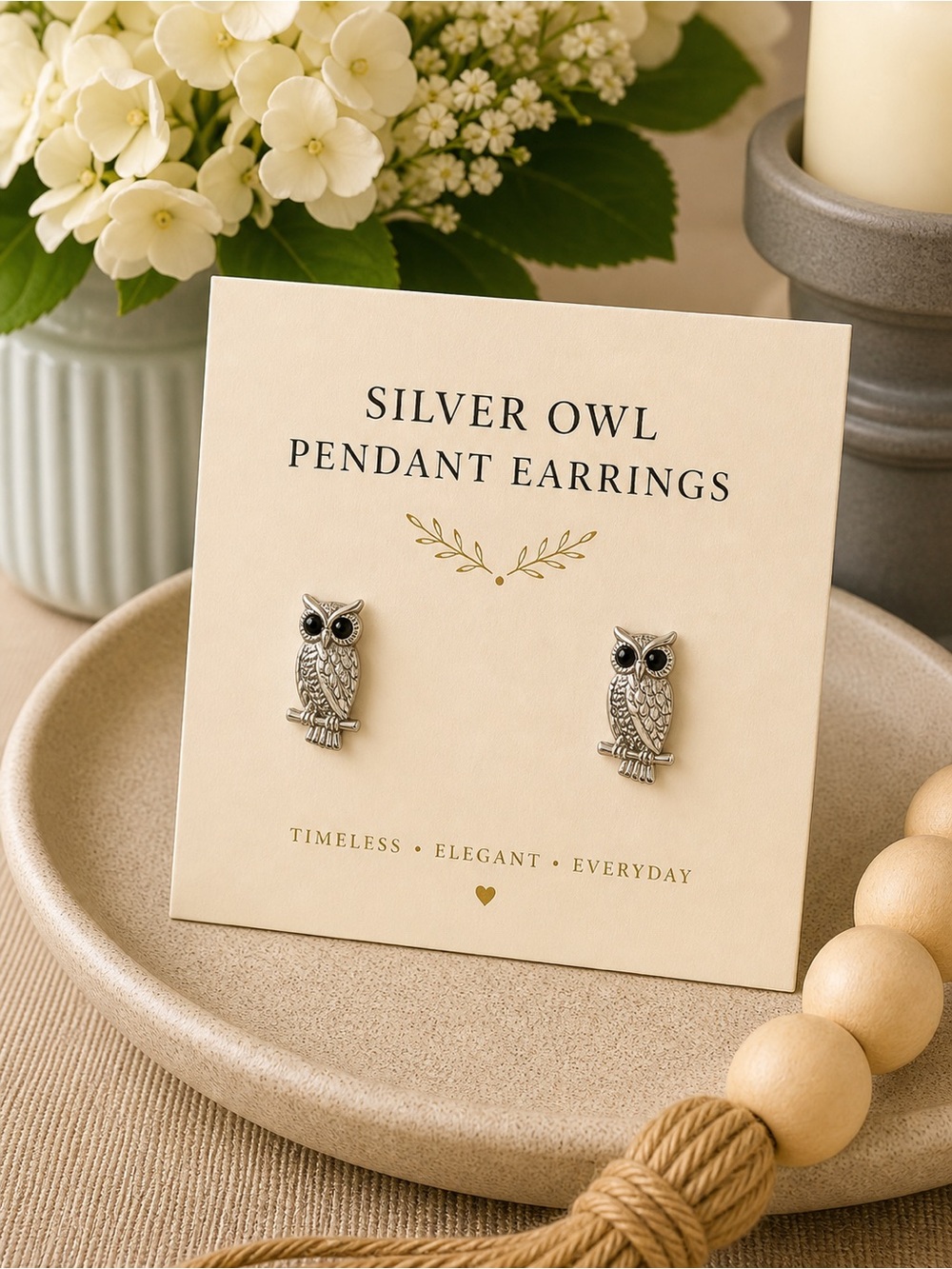 Silver Owl Pendant Earrings